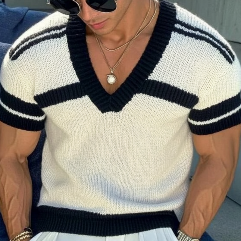 Lässiges Herren-T-Shirt mit V-Ausschnitt, gestreiftem Jacquard-Strick und schmaler Passform, kurzärmelig