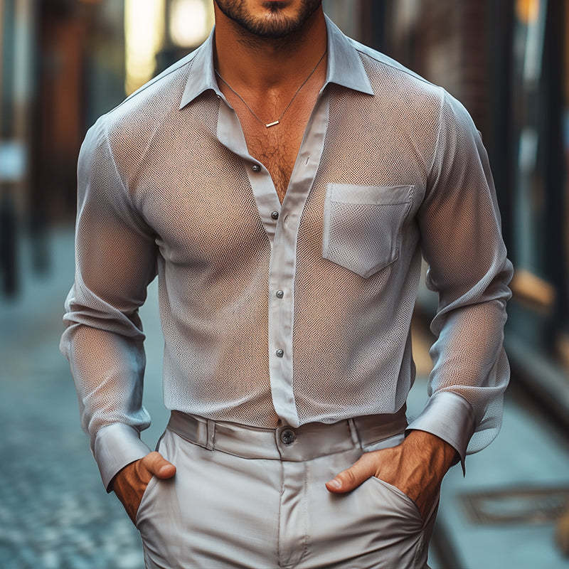 Men's Retro Casual Summer Cool Mesh Satin Splicing Lapel Long Sleeve Shirt