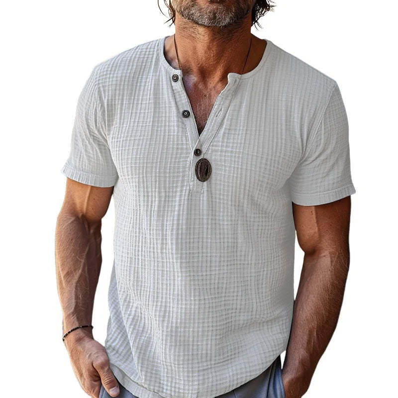 Lässiges Herren-T-Shirt mit Waffelmuster und Henley-Ausschnitt, schmale Passform, kurzärmelig