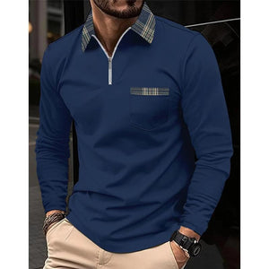 Men's Plaid Printed Stitching Zipper Lapel Pocket Long Sleeve Polo Shirt