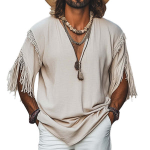 Men's Casual Khaki Loose Deep V Neck Tassel T-Shirt