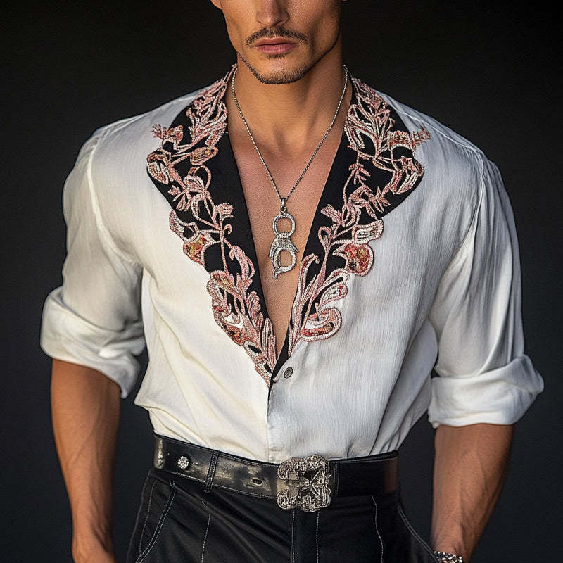 Herren-Langarmhemd mit Vintage-Stickerei und Kontrast 