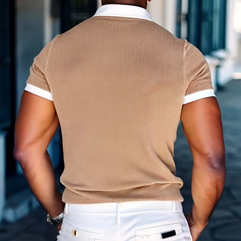 Men's Casual Contrast Lapel Slim Fit Knitted Short Sleeve Sweater T-Shirt
