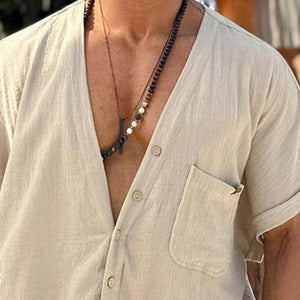 Kurzarmhemd aus Baumwolle und Leinen mit V-Ausschnitt für Herren