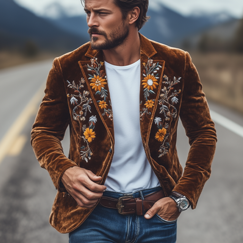 Men's Classic Retro Slim Fit Single Breasted Velvet Embroidered Blazer