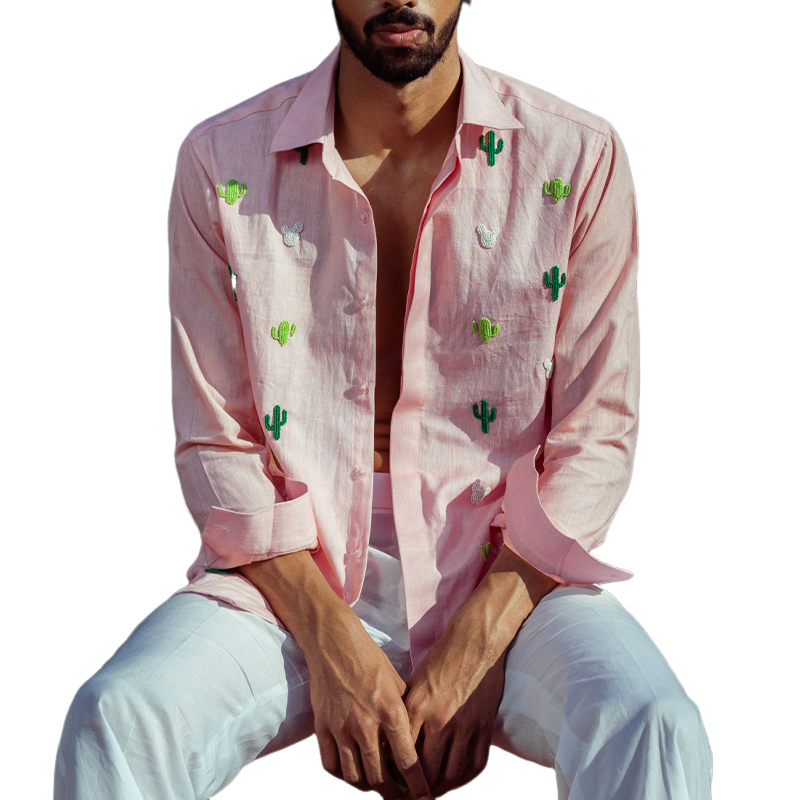 Men's Fun Cactus Embroidered Long Sleeve Shirt