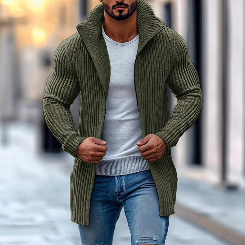 Modischer Herren-Strickpullover mit Stehkragen, einfarbig, gestreift, langen Ärmeln und mittlerer Länge