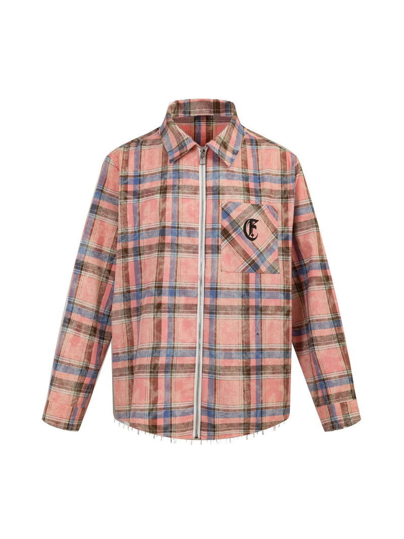 Lettering Print Raw Edge Plaid Shirt