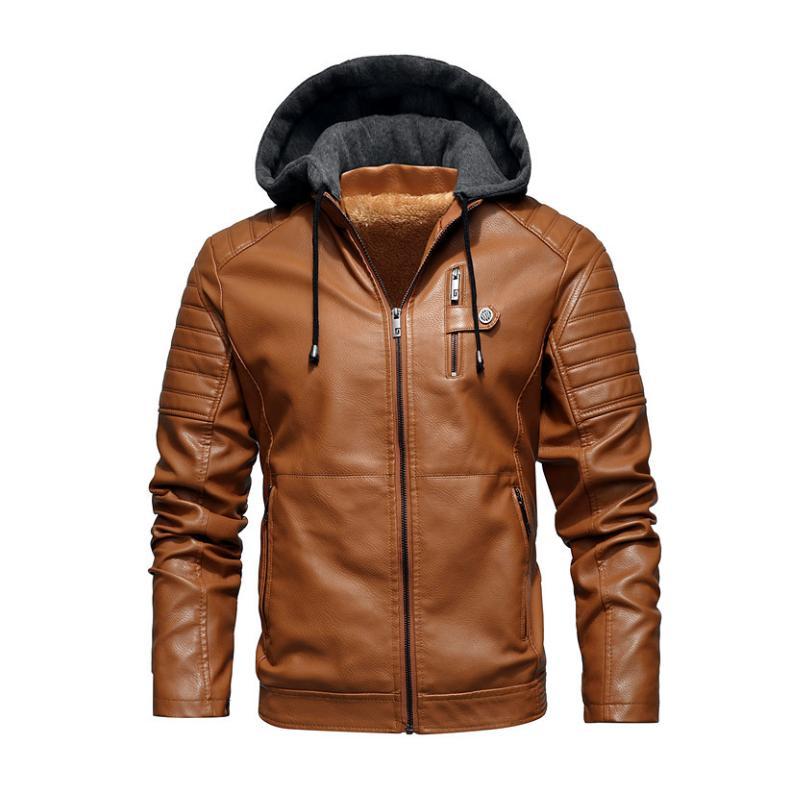 Herren Vintage Kapuzenfleece Warm Reißverschluss Slim Fit Lederjacke