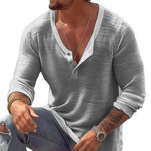 Men's Casual Cotton Linen U Neck Long-Sleeved T-Shirt