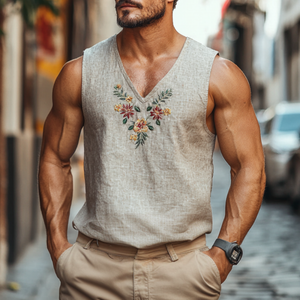 Men's Casual V-Neck Linen Floral Embroidered Slim Fit Tank Top