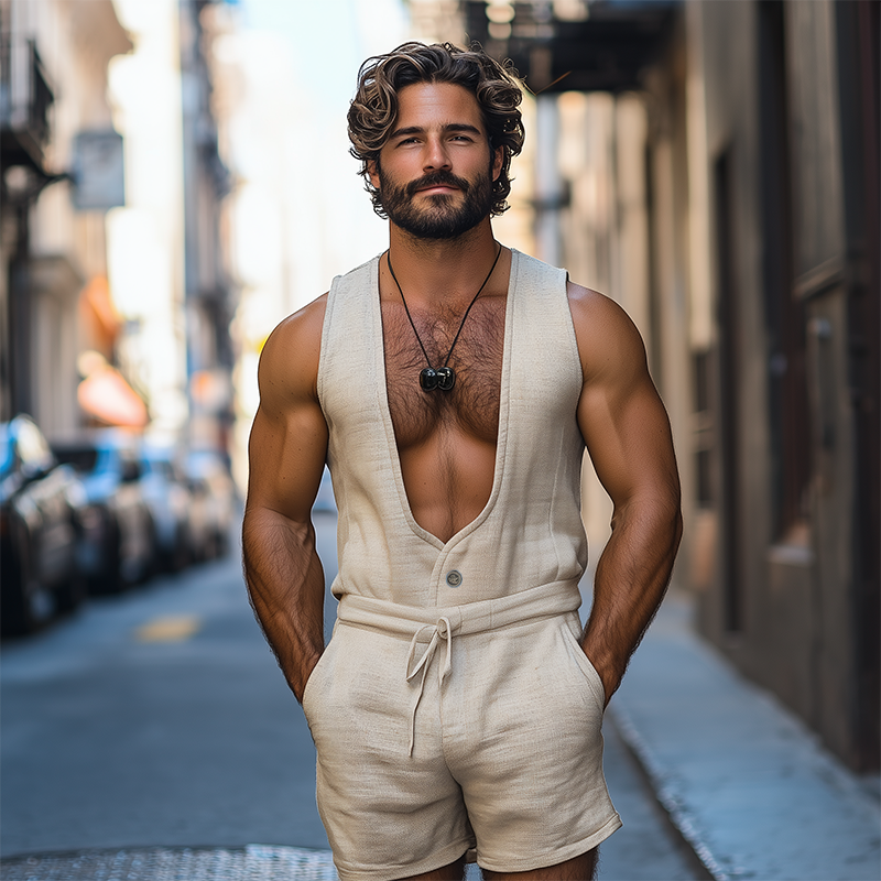 Herren Frühling und Sommer Mode Freizeit Tiefem V-Ausschnitt Baumwolle und Leinen Tank Top Shorts Jumpsuit