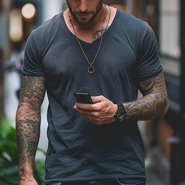Men's Vintage Distressed V-neck Short-sleeved T-shirt