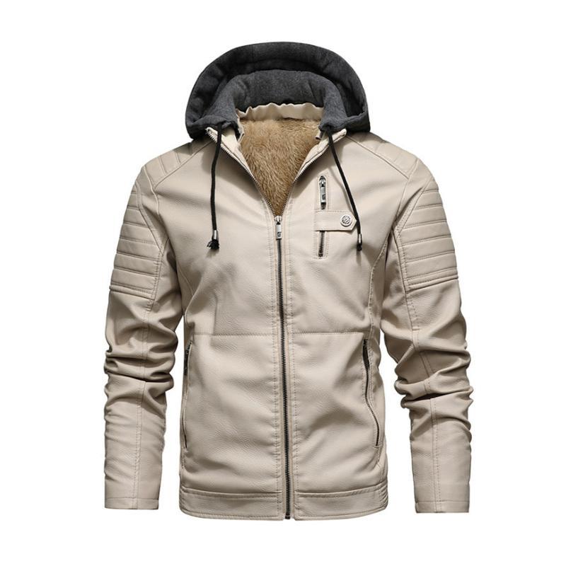 Herren Vintage Kapuzenfleece Warm Reißverschluss Slim Fit Lederjacke