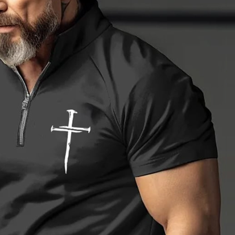 Men's Retro Casual Cross Print Zipper Short Sleeve T-Shirt
