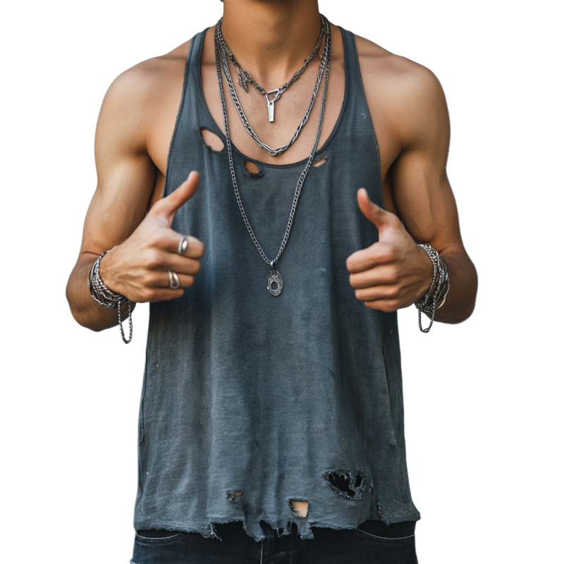 Men's Retro Hole Washed Crewneck Tank Top
