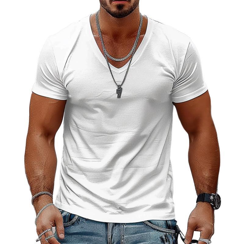 Men's Solid Color Casual V-neck Cotton Short-sleeved T-shirt