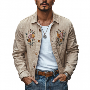 Lässiges Herrenhemd aus Leinen mit Blumenstickerei und Revers, lockeres Langarmhemd