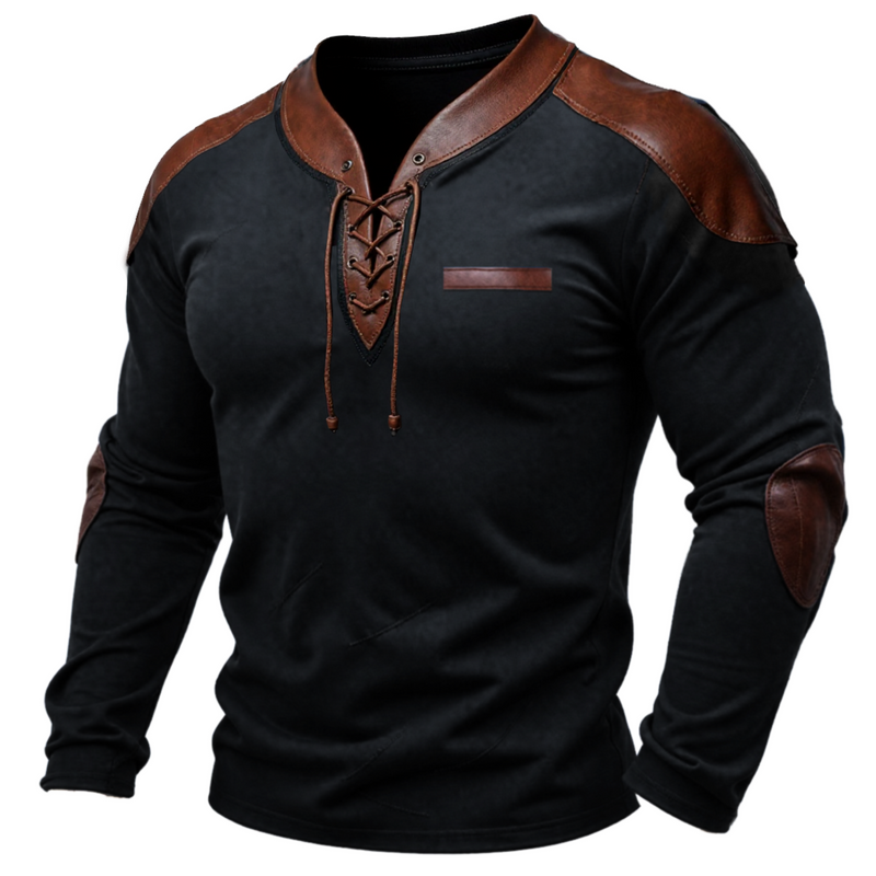 Men's Vintage PU Leather Patchwork Normal Outdoor Causal Long Sleeve Lace-up T-shirt