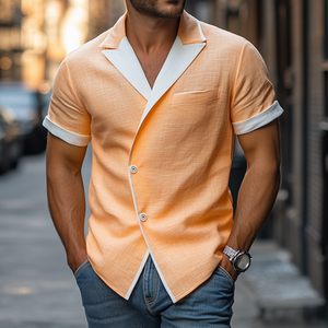 Herren Frühlings- und Sommermode Schmaler Revers Einreihiges Kurzarmhemd Aus Tencel-Baumwolle