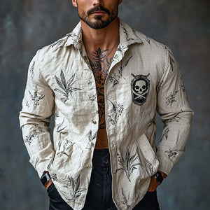 Men's Pirate Print Lapel Long Sleeve Shirt