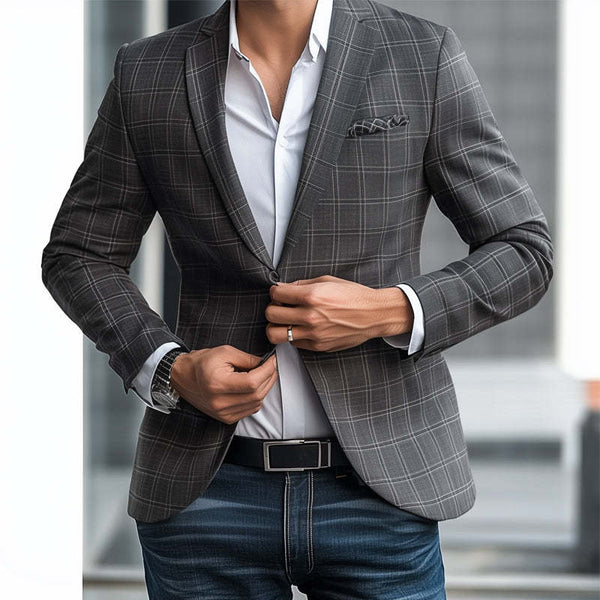Men's Spring And Autumn Basic Gray Plaid Two-Button Blazer MTA0281D8U