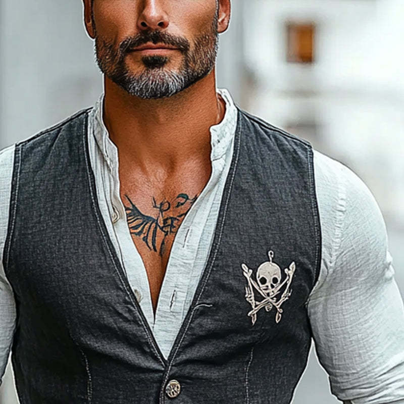 Herren-Weste mit V-Ausschnitt und Vintage-Totenkopf-Print
