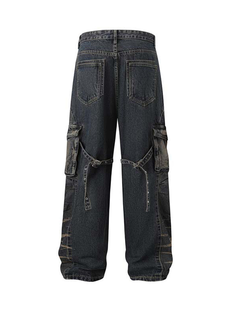 Vintage Washed Distressed Multi Pocket Cargo Jeans