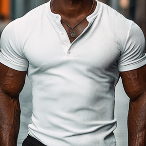 Men's Casual Cotton Elastic Rib Henley Collar Slim Fit Short Sleeve T-Shirt