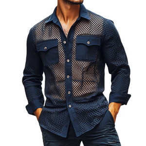 Herren Retro Casual Solid Color Mesh Stoff Splicing Revers Langarmhemd