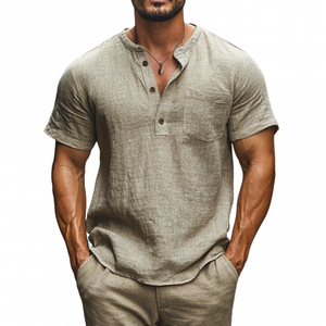 Men's Casual Linen Henley Collar Patch Pocket Loose Short Sleeve Shirt