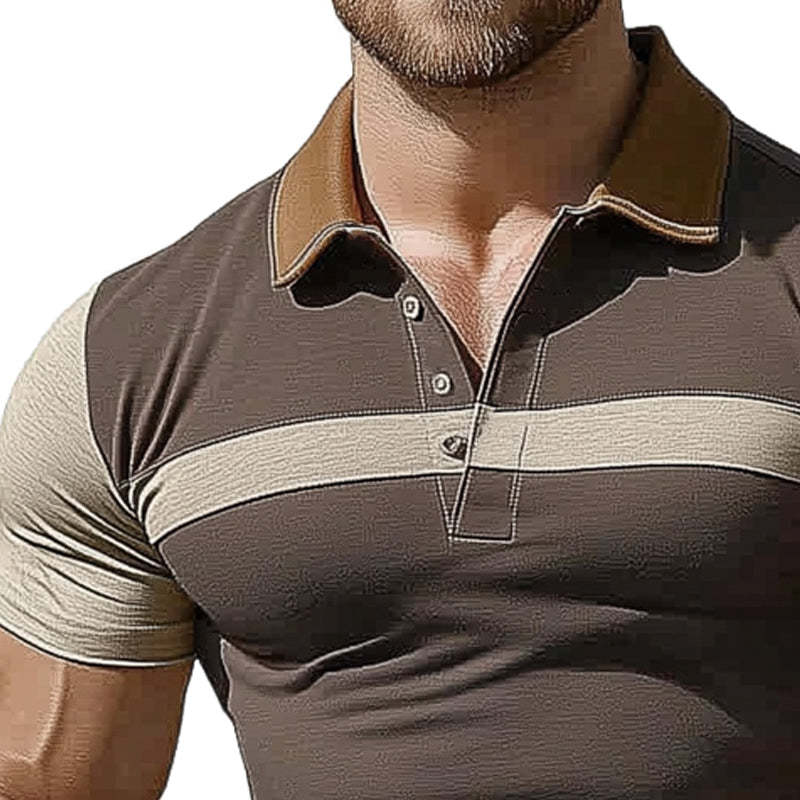 Herren Sommer Braun Polo Kragen Colorblock Stretch Slim Fit T-Shirt
