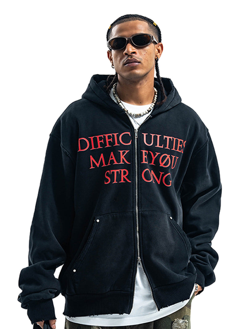 Washed Letter Print Double Zipper Fleece Hoodie