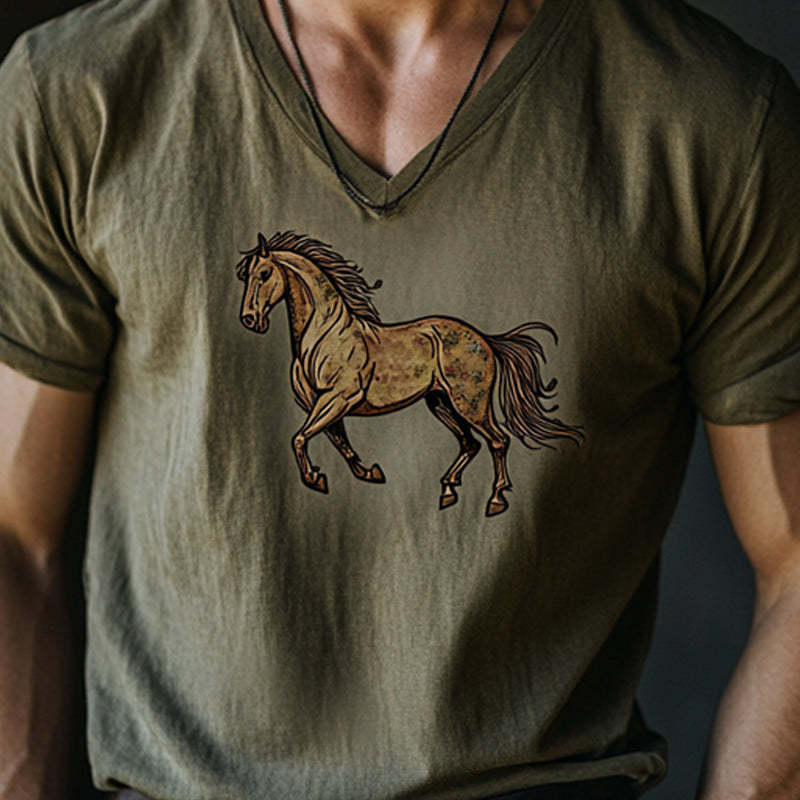 Herren-T-Shirt mit V-Ausschnitt und Pferde-Print, kurzärmlig