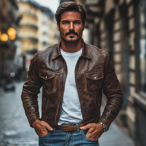 Men's Vintage Leather Distressed Lapel Zipper Slim Fit Jacket