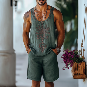 Men's Casual Linen Flower Embroidery U-Neck Loose Tank Top Elastic Waist Shorts Set