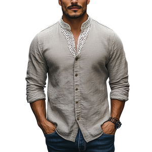 Men's Spring Fashion Stand Collar Lace Splicing Cotton And Linen Long Sleeve Shirt