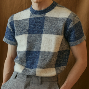 Men's Casual Plaid Round Neck Slim Fit Knitted Short Sleeve Sweater T-Shirt