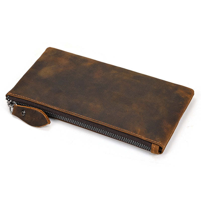 Herren Vintage Crazy Horse Leder Große Kapazität Reißverschluss Lange Brieftasche 