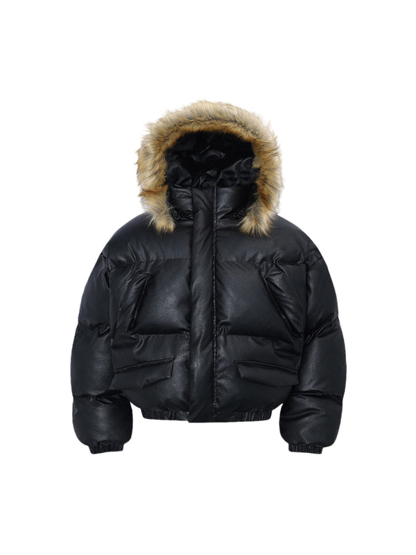 PU Leather Windproof Fur Hooded Jacket