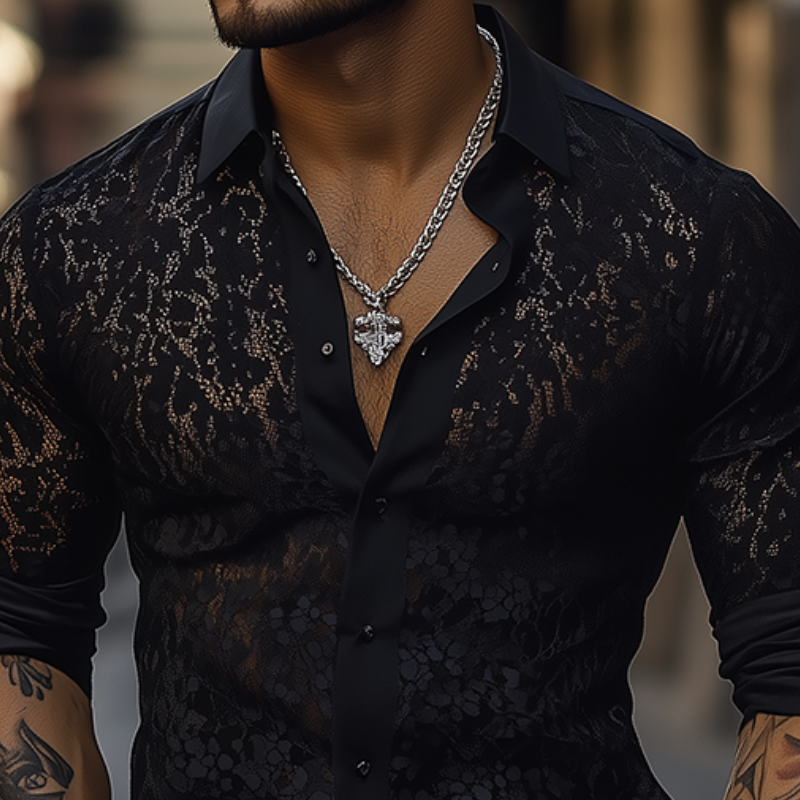 Herren Frühling und Sommer Mode Sexy Spitze Slim Langarmhemd