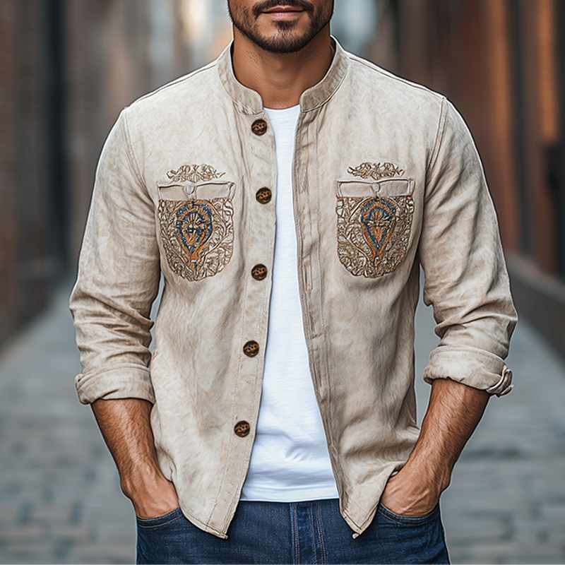 Herren Frühlingsmode Retro Western Style Tasche Stickerei Wildleder Langarmhemd