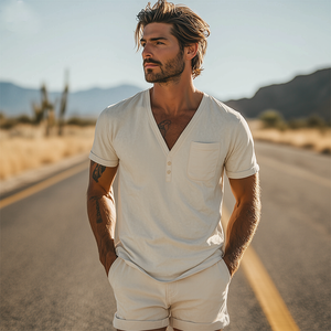 Herren Frühlingsmode Lässiges Wildleder-Kurzarm-T-Shirt mit V-Ausschnitt