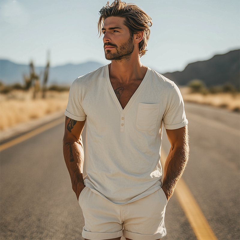 Men's Spring Fashion Casual Suede V-neck Short-sleeved T-shirt