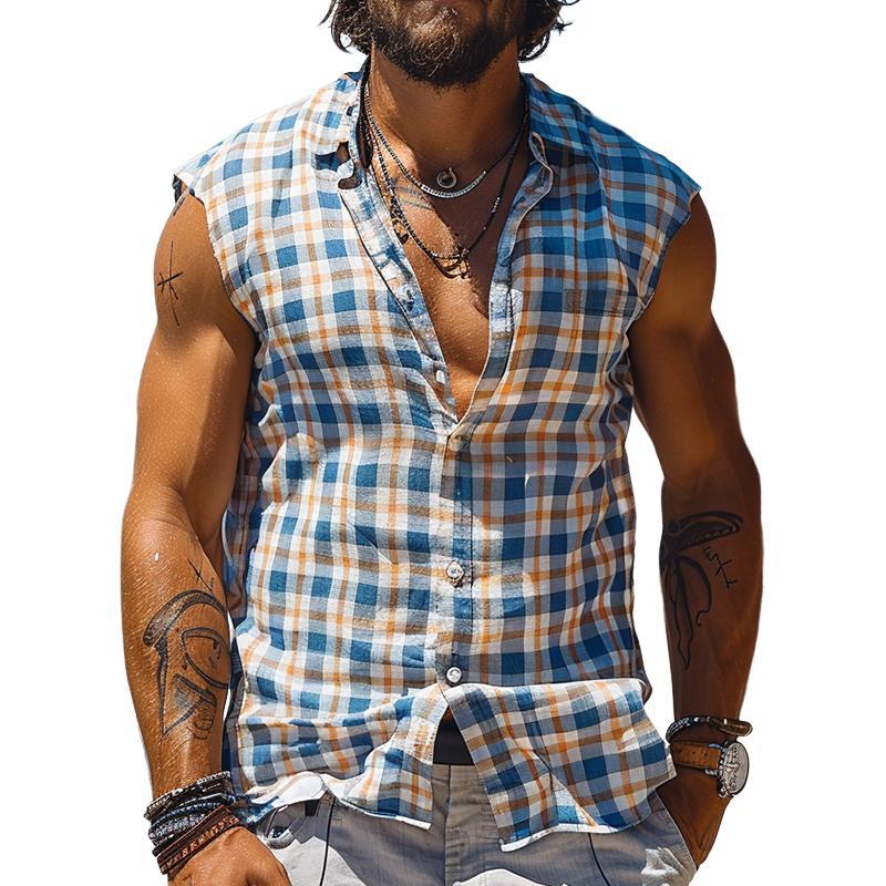Men's Casual Aquaman Plaid Sleeveless Lapel Tank Top