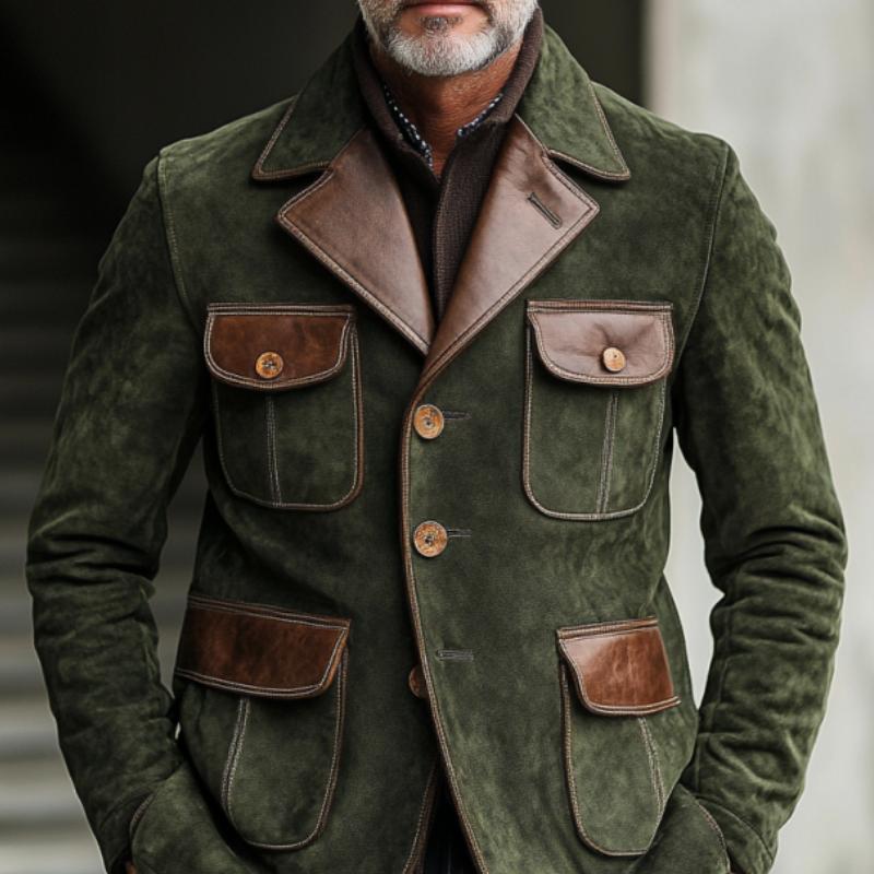 Men's Vintage Suede And Leather Multi-Pocket Single-Breasted Blazer