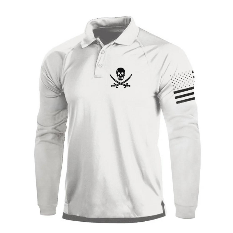 SKULL PRINT RAGLAN LONG SLEEVE POLO SHIRT