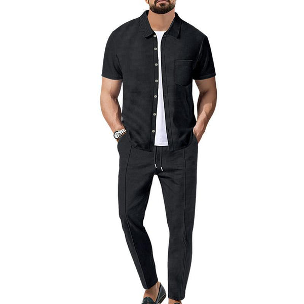 Herren-Set aus kurzärmligem Hemd und Hose mit Waffelmuster in Volltonfarbe