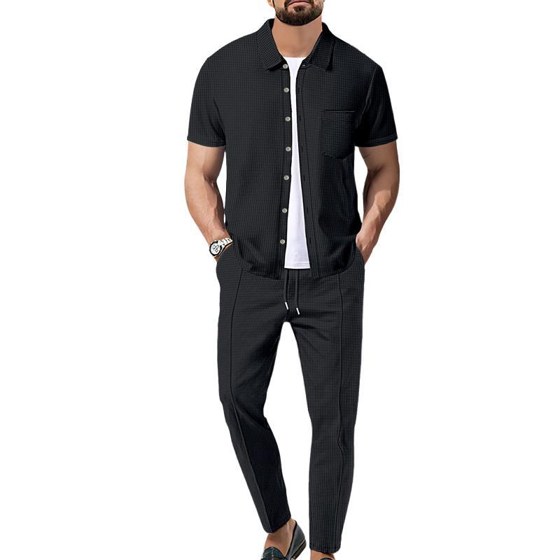 Herren-Set aus kurzärmligem Hemd und Hose mit Waffelmuster in Volltonfarbe