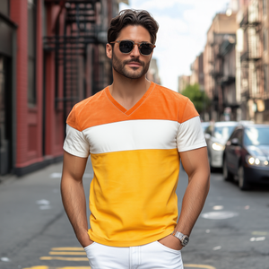 Men's Spring And Summer Personality Casual V-neck Bright Suede Splicing Short-sleeved T-shirt